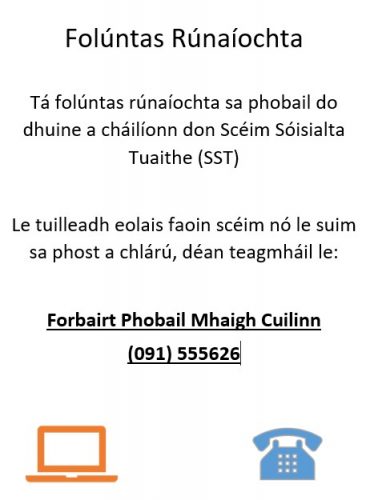 Tá folúntas rúnaíochta sa phobail do dhuine a cháilíonn don Scéim Sóisialta Tuaithe (SST)